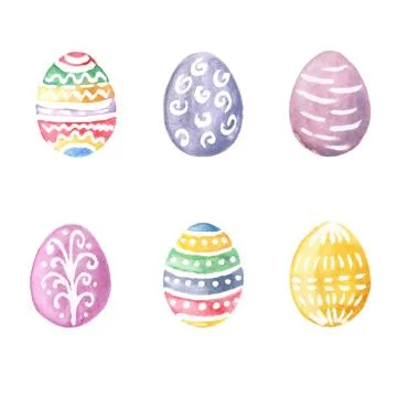 Happy Easter. Watercolor set of hand drawn colored Easter eggs Stock Illustration