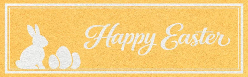 Happy Easter website header with white bunny and eggs silhouette on yellow te Stock Photos