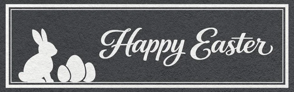 Happy Easter website header with white bunny and eggs silhouette on black tex 스톡 사진