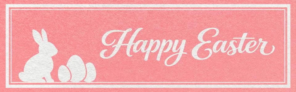 Happy Easter website header with white bunny and eggs silhouette on pink text Stock Photos