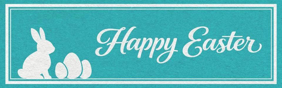 Happy Easter website header with white bunny and eggs silhouette on turquoise 스톡 사진