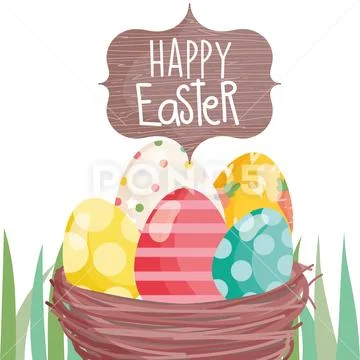 Happy easter whisker basket with eggs on grass Stock Illustration