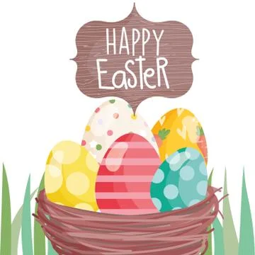 Happy easter whisker basket with eggs on grass Illustrazione stock