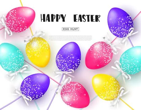 Happy Easter white background with colorful eggs. Egg hunt. Vector illustration Stock Illustration