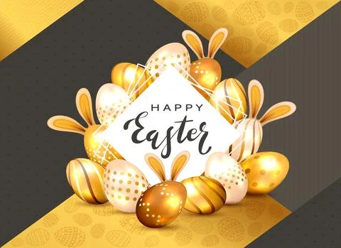 Happy Easter on White Card and Rabbit Ears with Golden Eggs Illustrazione stock
