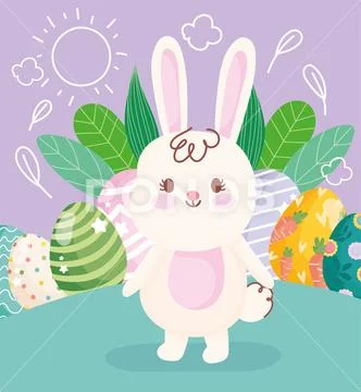 Happy easter white cute rabbit eggs decoration leaves on grass Stock Illustration