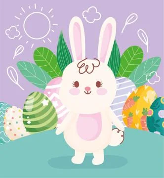 Happy easter white cute rabbit eggs decoration leaves on grass Illustrazione stock