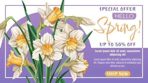 Happy Easter White Daffodils Spring Sale Banner. Elegant Floral Discount Desi Stock Illustration