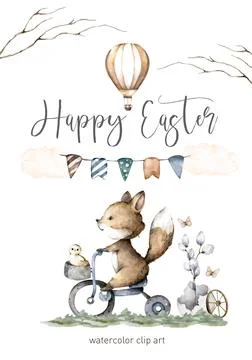 Happy Easter, white egg with cute fox, tail and stripes. Hand painting waterc Stock Illustration