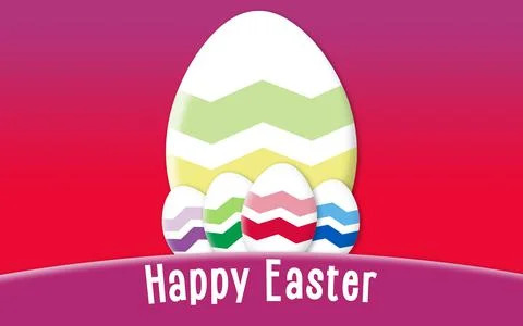 Happy easter white eggs with stripes and text message event graphic Stock Illustration