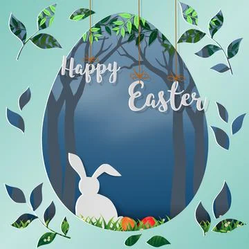 Happy Easter with white rabbit in the forest,paper art in egg shape backgroun Stock Illustration