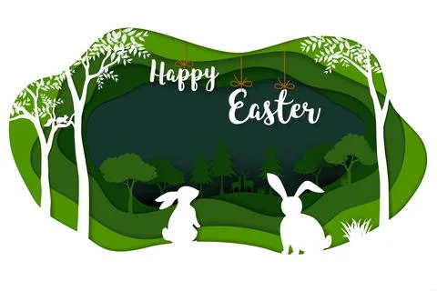 Happy Easter with white rabbits on green nature landscape paper art scene bac Illustrazione stock