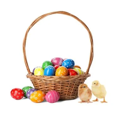 Happy Easter. Wicker basket with painted eggs and cute chicks isolated on whi Fotos de archivo