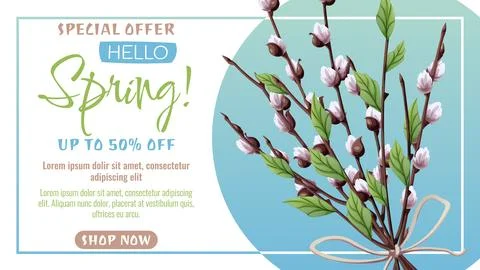 Happy Easter Willow Branches Sale Banner. Traditional Spring Floral Design fo Stock Illustration
