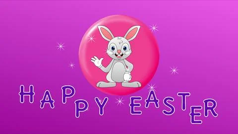 Happy Easter wish and cute bunny sticker image on gradiant colour background Stock Illustration