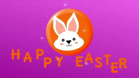 Happy Easter wish and cute bunny sticker image on gradiant colour background Illustrazione stock