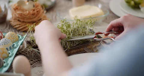 Happy Easter - Woman Eating Easter Holiday Breakfast. Stock Footage 126800652