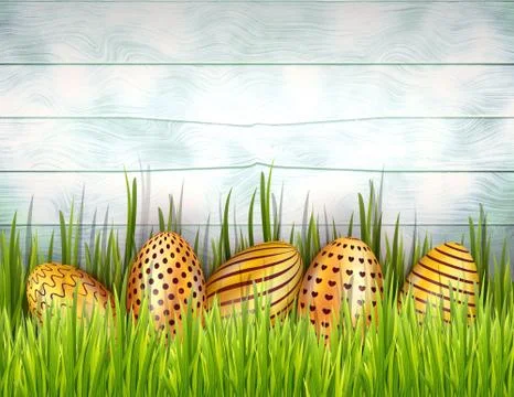 Happy Easter wooden background with bottom border from golden eggs, green grass Stock Illustration