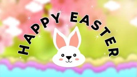 Happy Easter word line on green blur background with beautiful bunny face Stock Illustration