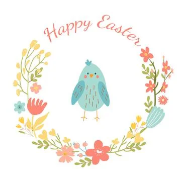 Happy easter wreath with bird and flowers. Stock Illustration