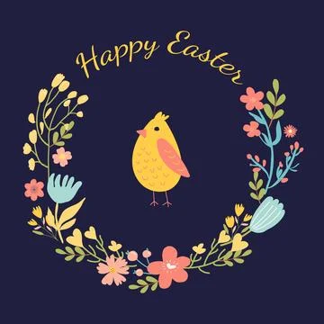Happy easter, wreath with bird and flowers. Stock Illustration