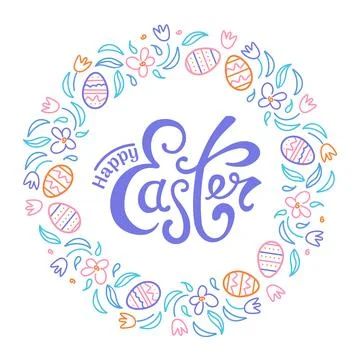 Happy easter. Wreath of chocolate eggs and spring flowers. Doodle style. vintage Stock Illustration