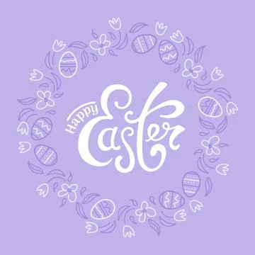 Happy easter. Wreath of chocolate eggs and spring flowers. Doodle style. In Stock Illustration