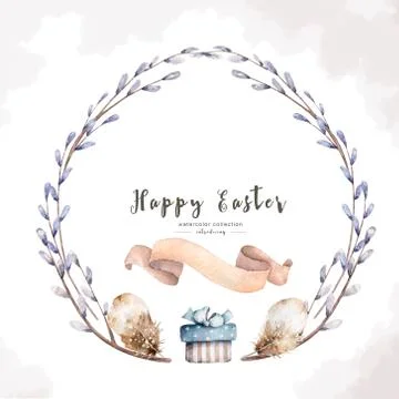 Happy Easter. A wreath of willow branches circle frame. A wreath of twigs dec Stock Illustration