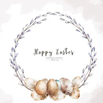 Happy Easter. A wreath of willow branches with an inscription. A wreath of tw Stock Illustration