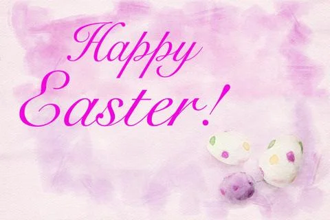 Happy Easter written on pink background with three eggs Stock Illustration