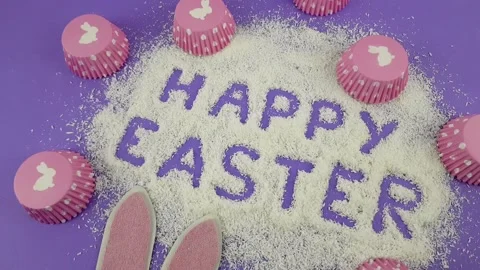 Happy Easter is written on a purple background according to Pantone trending Stock Footage 170965997