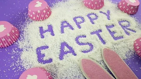 Happy Easter is written on a purple background according to Pantone trending  Stock Photos