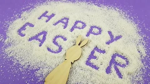 Happy Easter is written on a purple background according to Pantone trending  Stock Photos