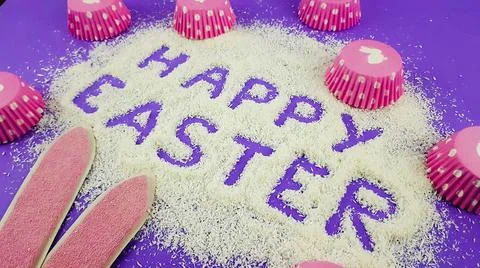 Happy Easter is written on a purple background according to Pantone trending  Stock Photos