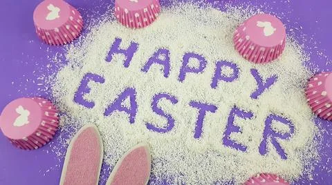 Happy Easter is written on a purple background according to Pantone trending  Stock Photos