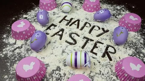 Happy Easter is written on a white background. according to Pantone, the East Stock Photos