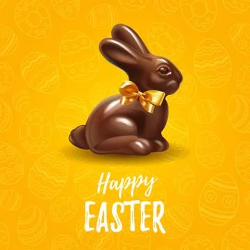 Happy Easter yellow background template with delicious chocolate Easter bunny or Stock Illustration