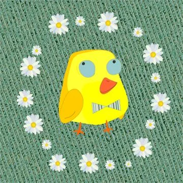 Happy easter with yellow chick cartoon character with with daisies. Vector Stock Illustration