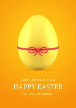 Happy Easter yellow chicken egg tied by ribbon bow 3d greeting card design .. Stock Illustration