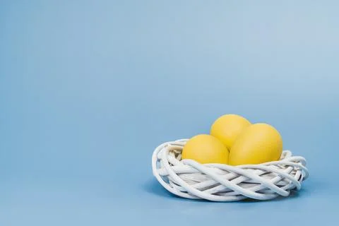 Happy Easter yellow dyed eggs in nest on blue banner Stock Photos
