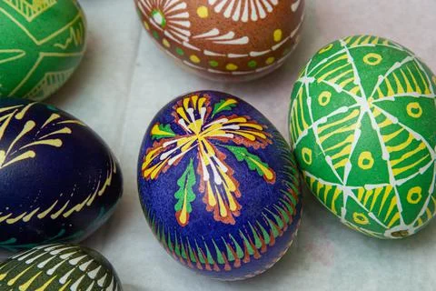 Happy Easter.Colorful hand painted decorated Easter eggs. Handmade Easter cra Stock Photos