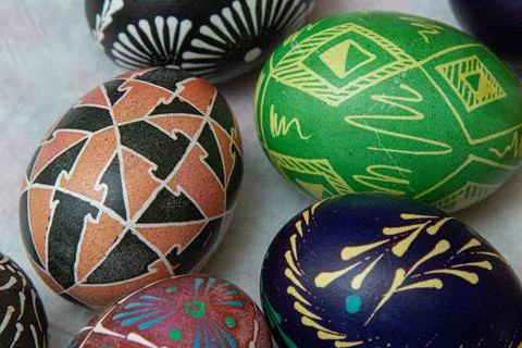 Happy Easter.Colorful hand painted decorated Easter eggs. Handmade Easter cra Stock Photos