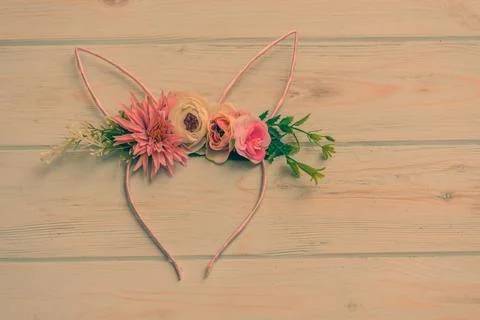 Happy easter.Pink fluffy rabbit hoop on wooden table Easter. Easter hoop with Stock Photos