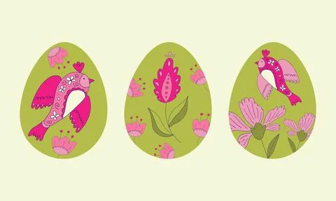 Happy Easter.Set of Easter eggs with birds and flowers on a white backgroun.. Illustrazione stock