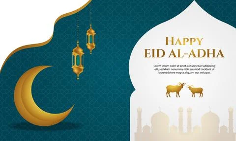 Happy Eid Al-Adha Greeting with Golden Moon and Lanterns Stock Illustration