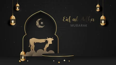 Happy Eid Al Adha Mubarak celebration banner with cow and goat illustration Stock Footage 263690475