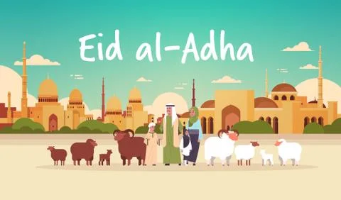 Happy Eid al-Adha mubarak muslim holiday concept arab family standing with white Stock Illustration