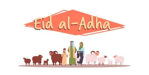 Happy Eid al-Adha mubarak greeting card muslim holiday concept arab family Stock Illustration