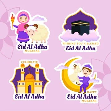 Happy Eid Al Adha Mubarak Label Illustration Flat Cartoon Hand Drawn Templa.. Stock Illustration