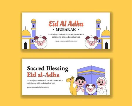 Happy Eid Al Adha Social Media Banner Flat Cartoon Hand Drawn Illustration Stock Illustration